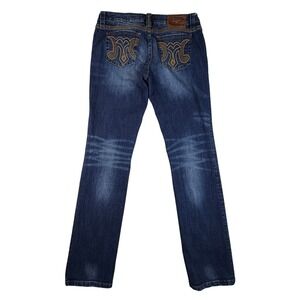 MEK Denim Niort Straight Leg Jeans Dark Wash Embroidered Pockets 32x34 Low Rise